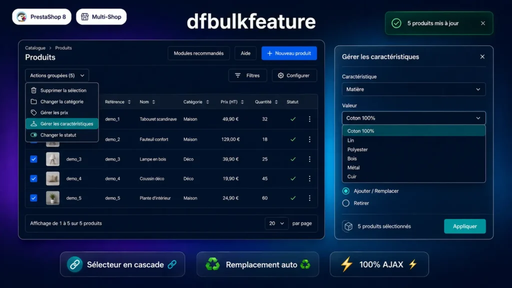 Affecter enlever des caractéristiques en masse Prestashop