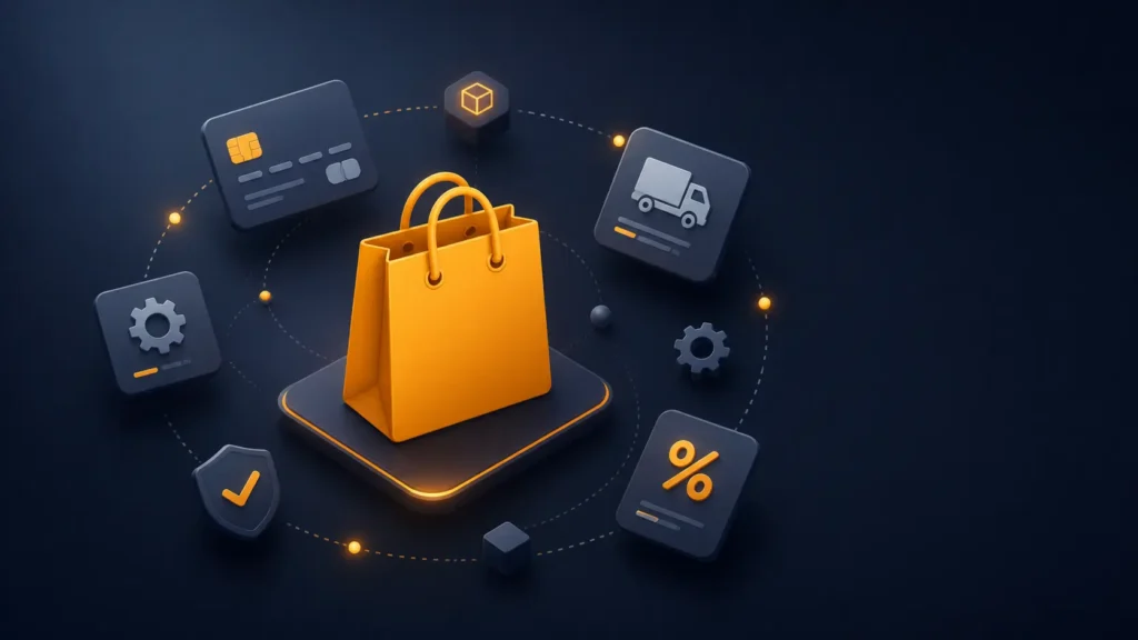 Composition isométrique d'un écosystème WooCommerce avec panier central et modules satellites de configuration