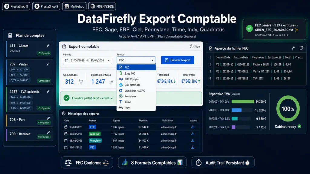 DataFirefly Export Comptable — FEC, Sage, EBP, Ciel, Pennylane Modeule Presta