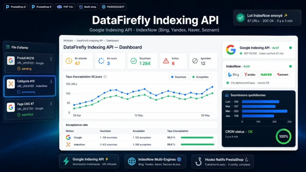 DataFirefly Indexing API — Automatic Google Indexing API and IndexNow submission (Bing, Yandex, Naver) for PrestaShop 8 and 9