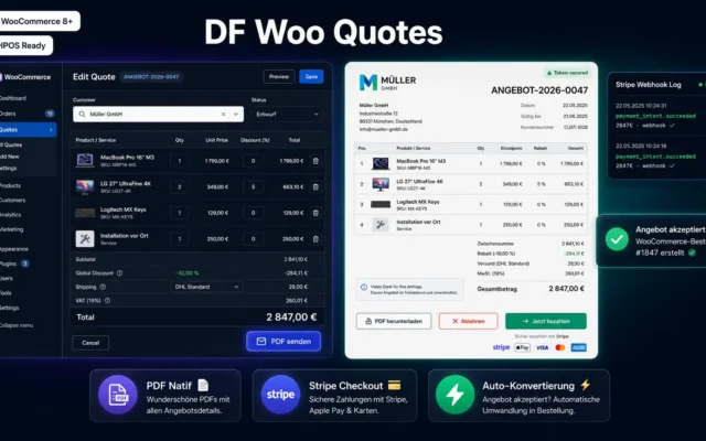 DF Woo Quotes — Gestión de presupuestos WooCommerce con PDF y pago Stripe