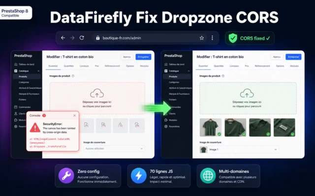 DataFirefly Fix Dropzone CORS — Correctif tainted canvas multishop PrestaShop 8