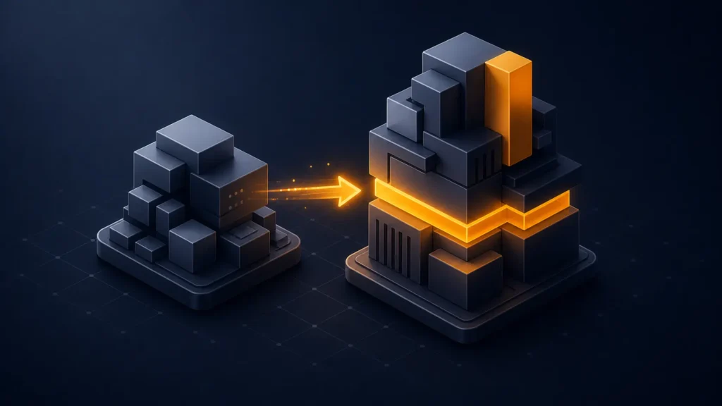Deux blocs architecturaux isométriques représentant la transition de PrestaShop 8 vers 9