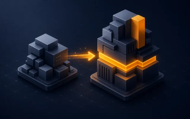 Deux blocs architecturaux isométriques représentant la transition de PrestaShop 8 vers 9