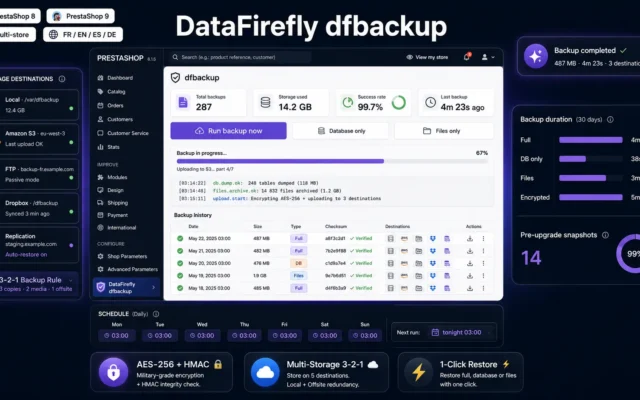 PrestaShop 8 & 9 Backup Module — dfbackup, DB + Files, AES-256 Encryption, S3/FTP/Dropbox, Staging Replication
