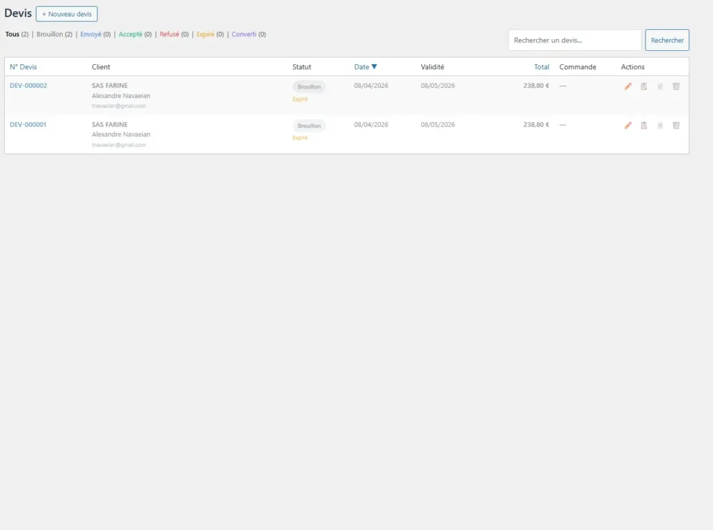 Liste des devis module woocommerce