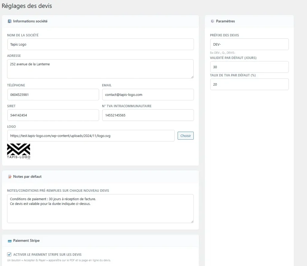 Réglages module devis woocommerce pai stripe