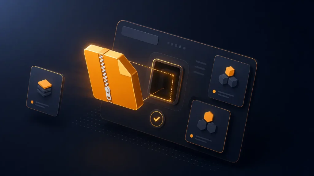 Illustration isométrique d'un module logiciel s'intégrant dans une interface, sur fond bleu nuit avec accents ambrés
