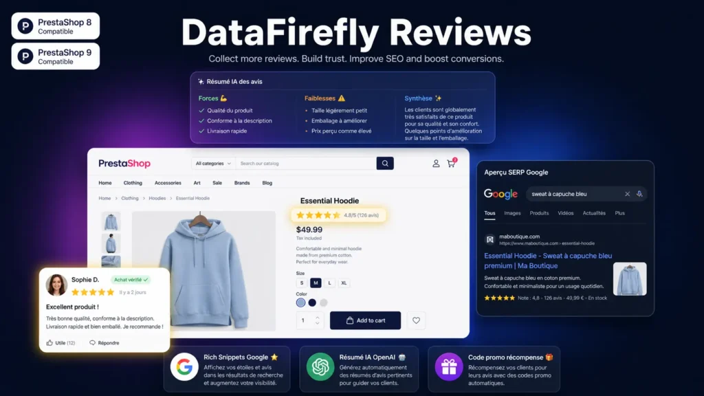 Avis Vérifiés — Avis clients PrestaShop 8 avec rich snippets et résumé IA - DataFirefly