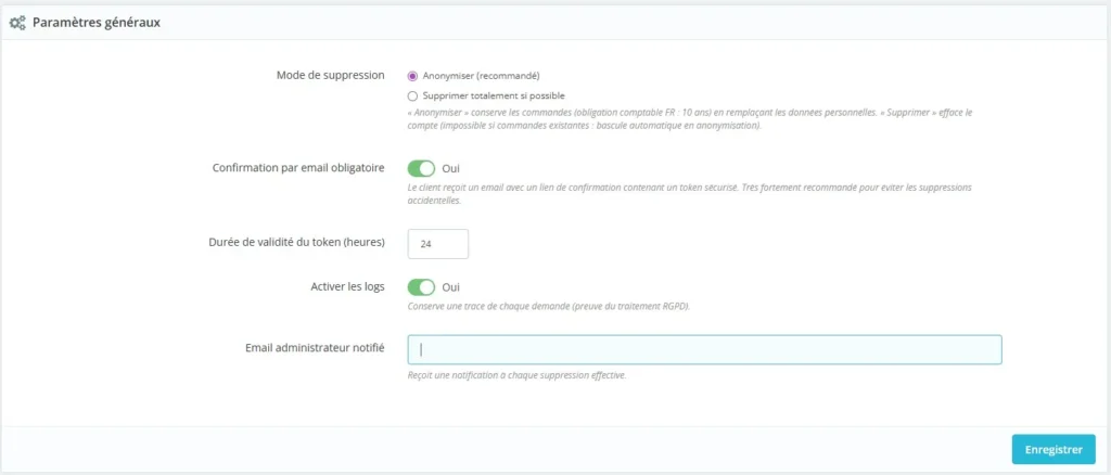 Suppression de compte RGPD Prestashop Capture 1