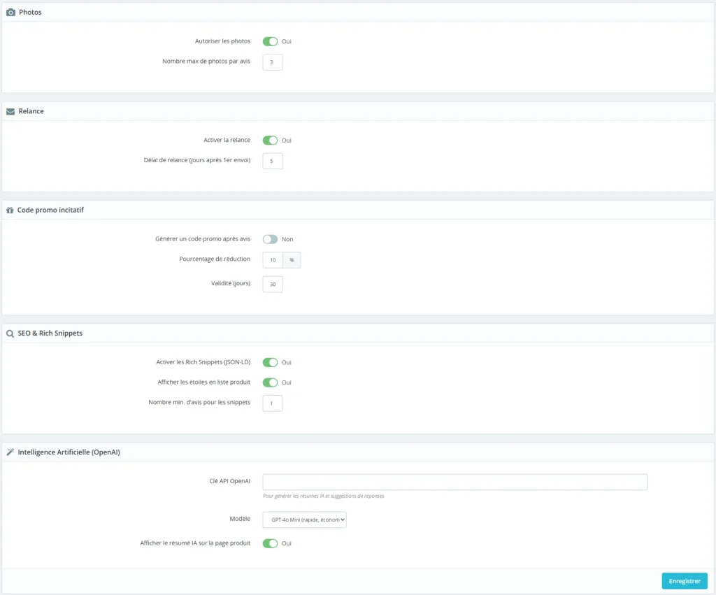 Réglages du module Avis Vérifiés PrestaShop : statut déclencheur, délais de relance, clé OpenAI et code promo en récompense