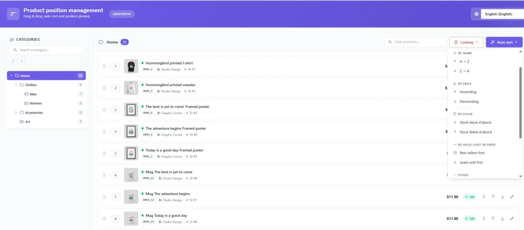 Gestion des positions produits d'une catégorie PrestaShop, avec numéros de position, épinglage et outils de tri automatique