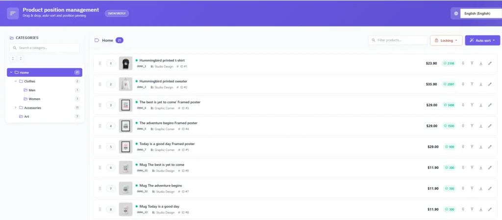 Interface du module Positions Produits : arborescence des catégories à gauche et liste des produits réordonnable par glisser-déposer