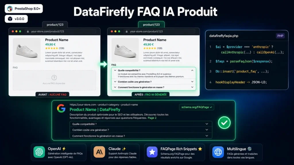 DataFirefly Product FAQ AI — Auto-generated product FAQ with Google rich snippets and OpenAI/Claude for PrestaShop 8