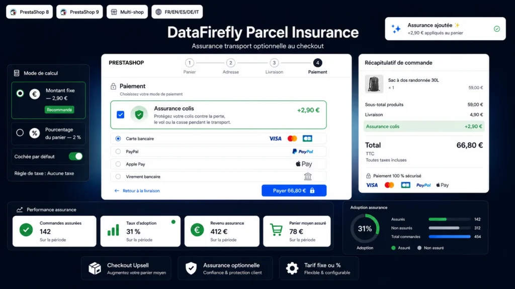 Assurance Colis PrestaShop 8 & 9 — Upsell Assurance Transport au Checkout