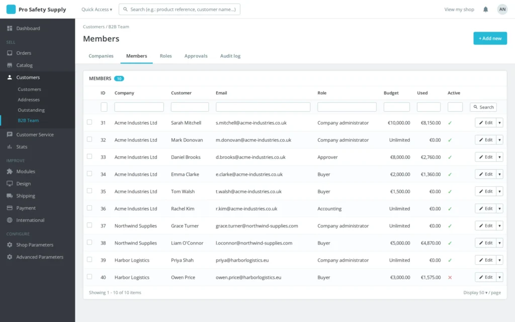 B2B-accounts met Meerdere Gebruikers: Teams & Rollen PrestaShop 8 & 9