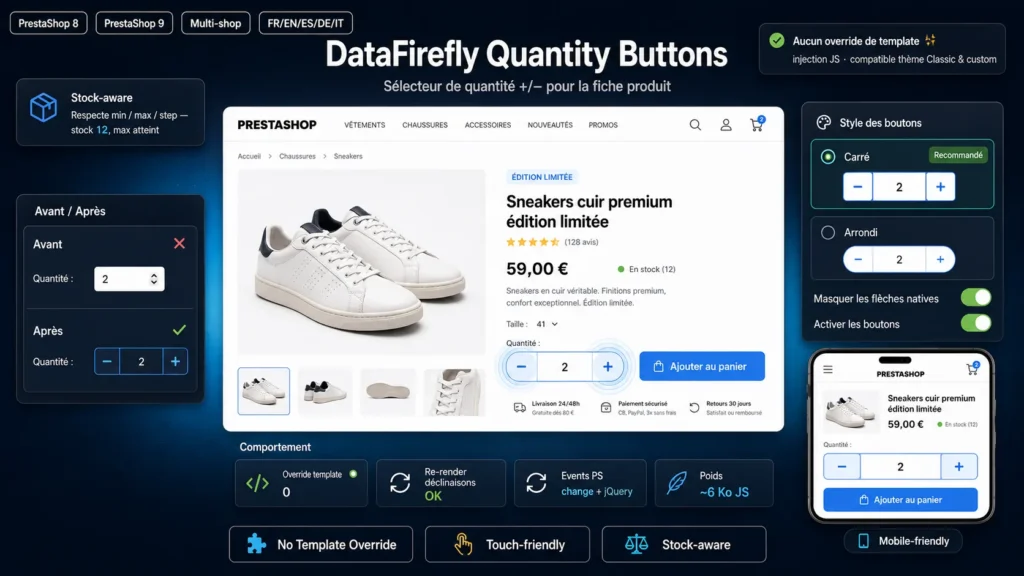 Boutons +/- de Quantité sur la Fiche Produit — PrestaShop 8 & 9