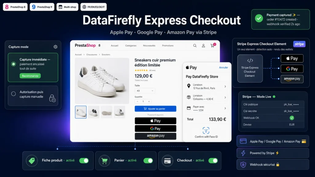 DataFirefly Express Checkout — Apple Pay, Google Pay & Amazon Pay via Stripe (PrestaShop 8 & 9)