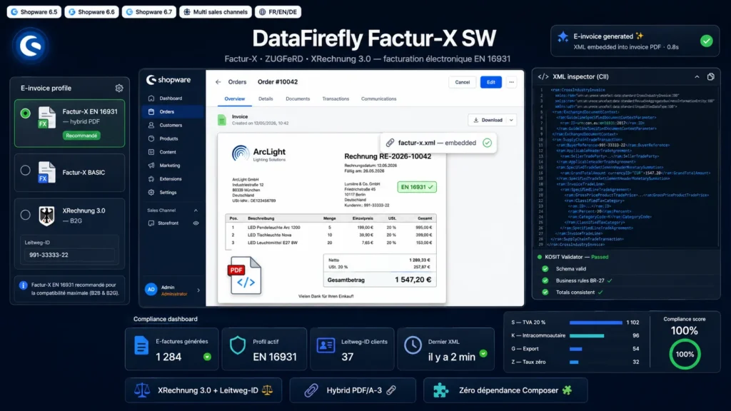 DataFirefly Factur-X SW — Facture électronique Shopware 6 : ZUGFeRD & XRechnung 3.0