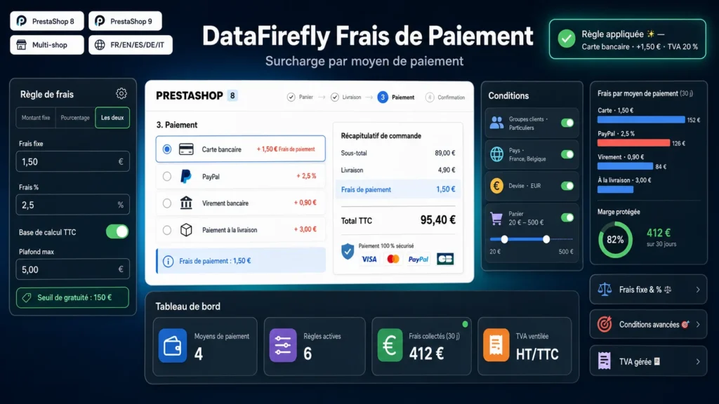 DataFirefly Frais de Paiement — Surcharge par moyen de paiement (PrestaShop 8 & 9)