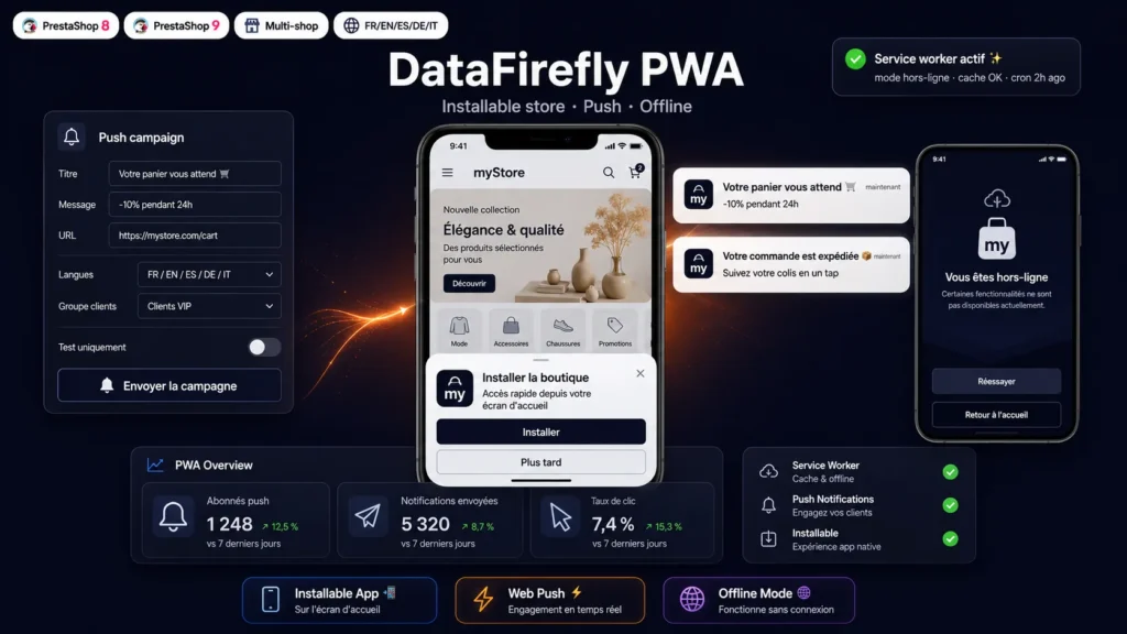 DataFirefly PWA — Boutique installable, Push & Hors-ligne Prestashop