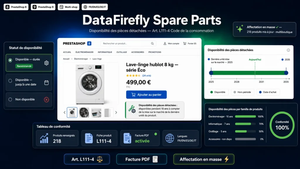 Disponibilité Pièces Détachées PrestaShop 8/9 – Module Obligation Légale (L111-4)