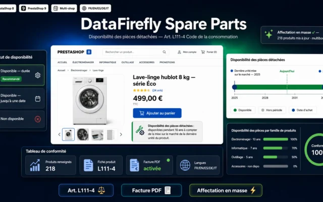 Disponibilité Pièces Détachées PrestaShop 8/9 – Module Obligation Légale (L111-4)