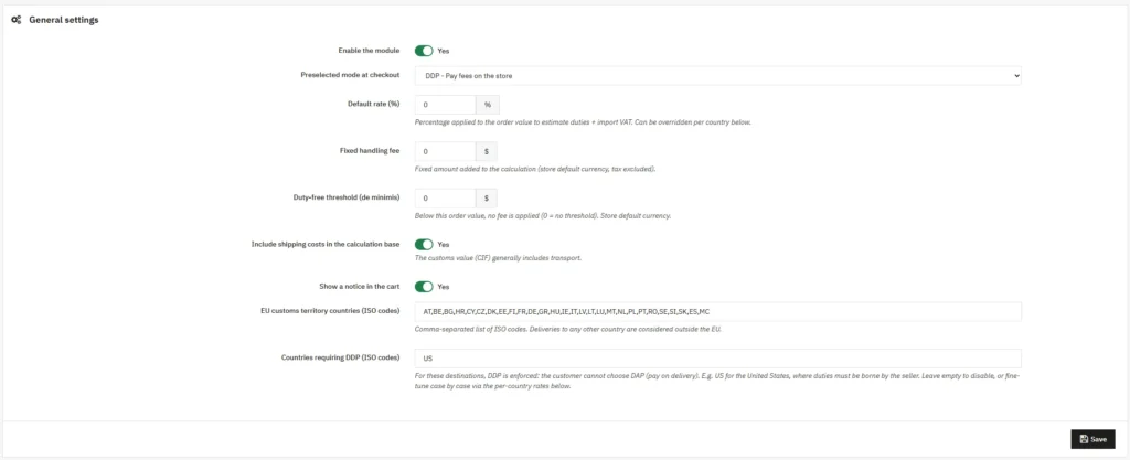 Konfiguracja stawek, opłat stałych i progów de minimis per kraj w module ceł PrestaShop