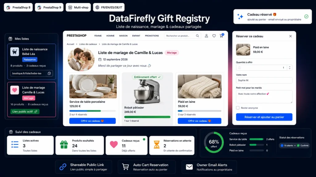Liste de Naissance, Mariage & Cadeaux — PrestaShop 8 & 9