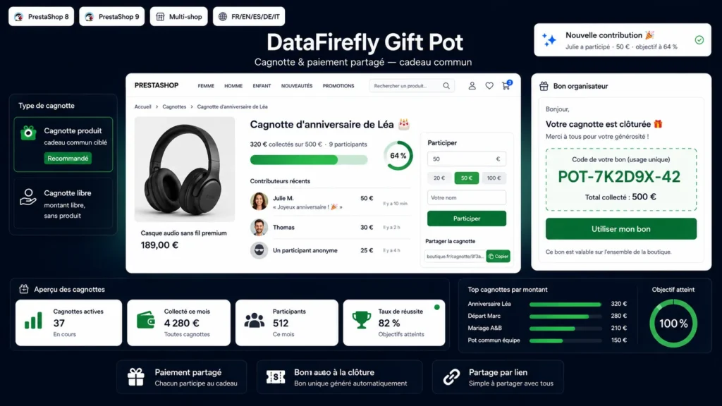 Module Cagnotte & Paiement Partagé PrestaShop — Cadeau Commun (PS 8/9)