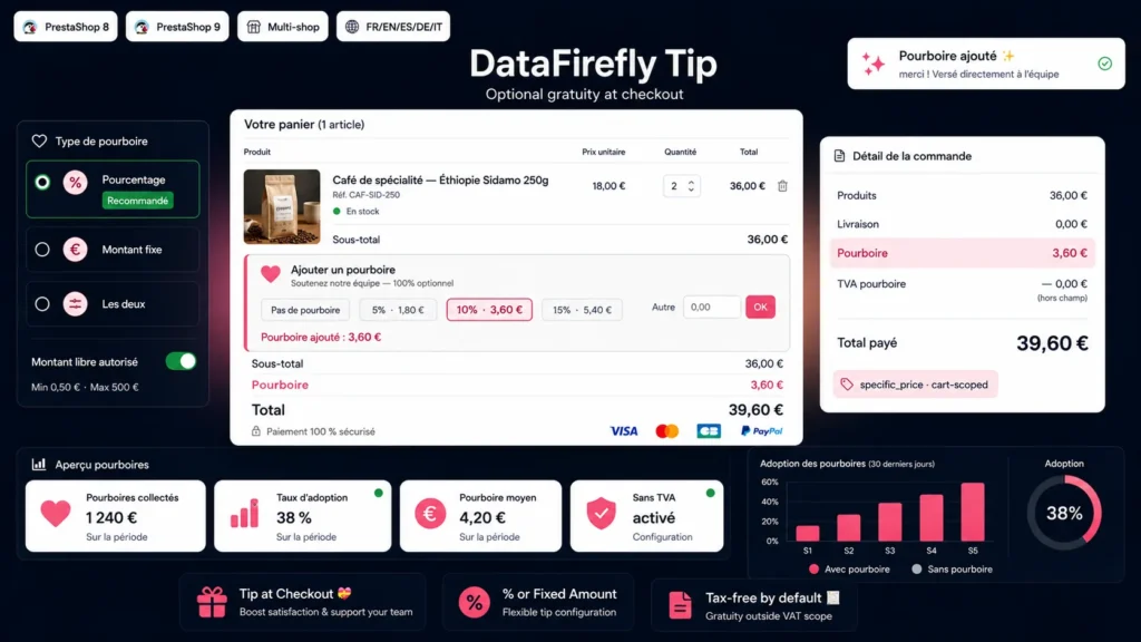 Module Pourboire / Tip au Checkout PrestaShop 8 & 9 — Don Optionnel (% ou Montant Fixe)