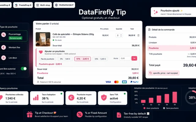 Module Pourboire / Tip au Checkout PrestaShop 8 & 9 — Don Optionnel (% ou Montant Fixe)