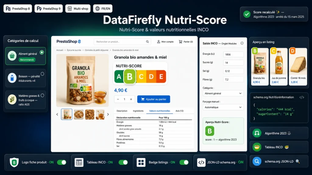 Nutri-Score & valeurs nutritionnelles INCO — Logo officiel et tableau schema.org (PrestaShop 8 & 9)