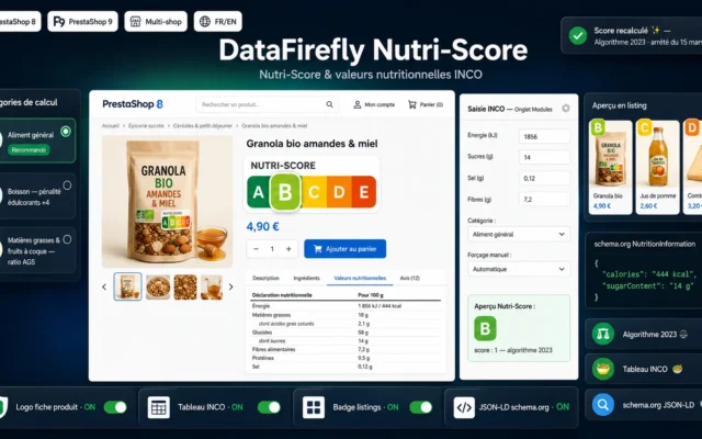 Nutri-Score & valeurs nutritionnelles INCO — Logo officiel et tableau schema.org (PrestaShop 8 & 9)