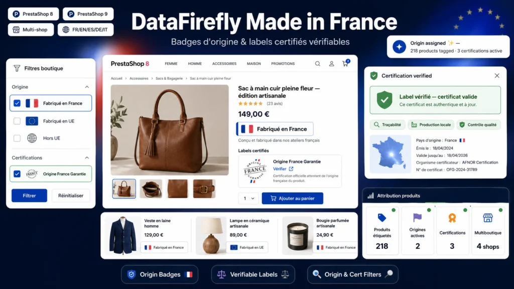 Origine France & Made in UE — Badges + Filtres PrestaShop