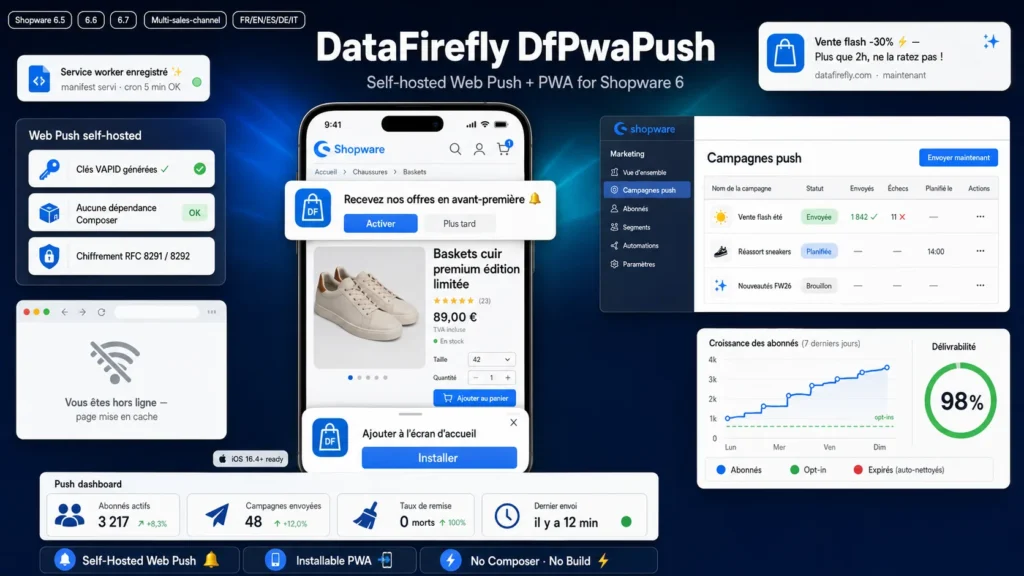 Plugin PWA & Notifications Push Shopware 6 — DfPwaPush : Web Push VAPID Auto-Hébergé, Manifest + Service Worker, Campagnes, Sans Dépendance