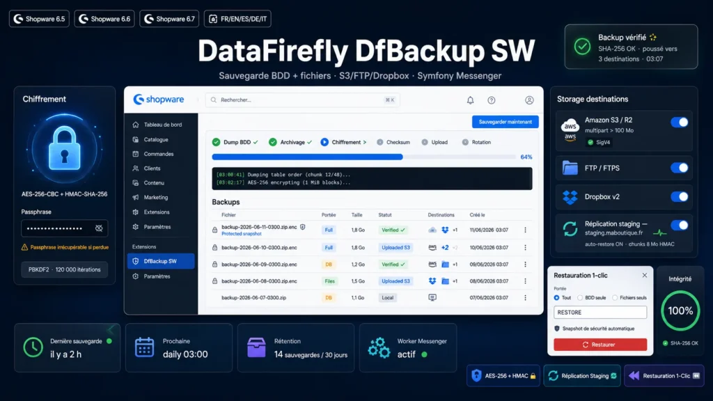 Plugin Sauvegarde Shopware 6 — DfBackup SW : BDD + Fichiers, Chiffrement AES-256, S3/FTP/Dropbox, Restauration 1-Clic