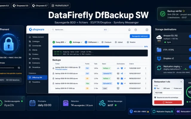 Plugin Sauvegarde Shopware 6 — DfBackup SW : BDD + Fichiers, Chiffrement AES-256, S3/FTP/Dropbox, Restauration 1-Clic