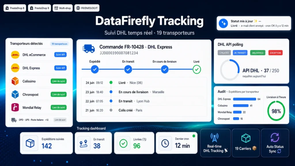 Suivi DHL Automatique & Multi-Transporteurs — Polling API temps réel et statuts auto (PrestaShop 8 & 9)