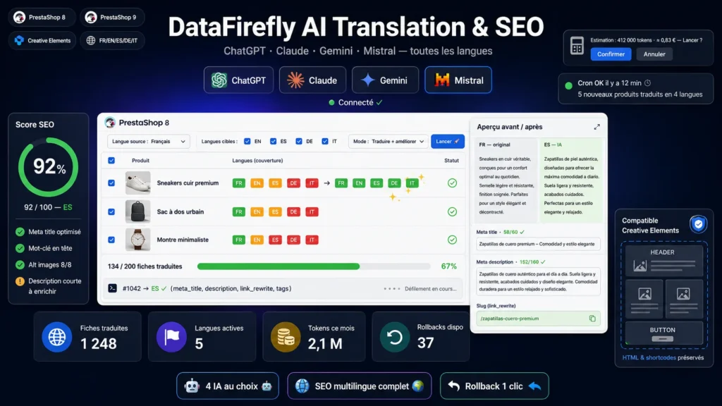 Traduction IA PrestaShop — Produits, Catégories, SEO & Pages CMS (ChatGPT, Claude, Gemini, Mistral)