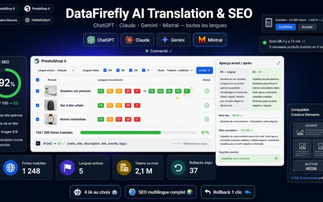 Traduction IA PrestaShop — Produits, Catégories, SEO & Pages CMS (ChatGPT, Claude, Gemini, Mistral)