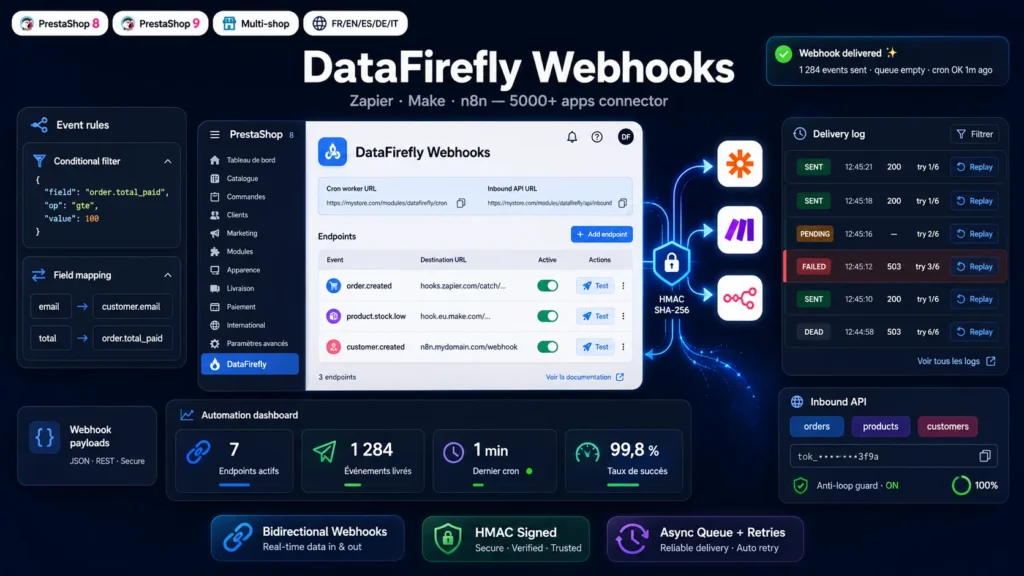 Webhooks DataFirefly — Connecteur Zapier, Make & n8n