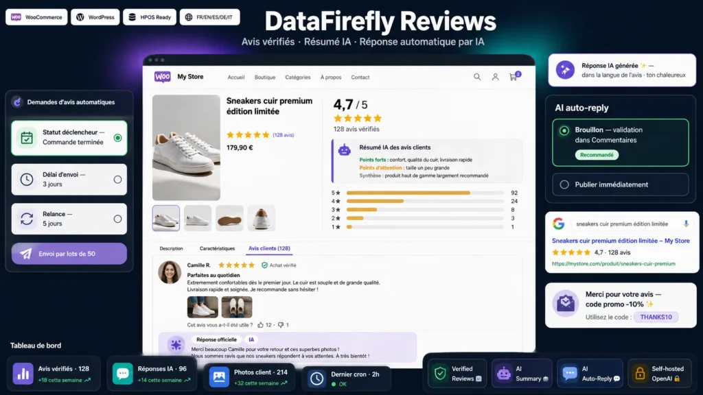 Recensioni clienti verificate su WooCommerce con riepilogo IA e risposte automatiche