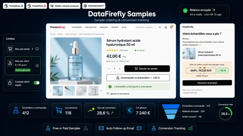 Commande d'Échantillons Produit — Relance & Suivi de Conversion (PrestaShop 8 & 9)