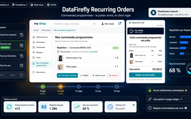 Commandes récurrentes pour PrestaShop 8 & 9 : le client programme la répétition, reçoit avant chaque échéance un e-mail avec un lien panier prêt à régler