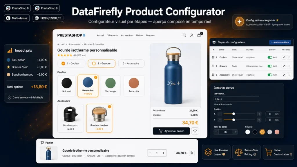 Configurador de producto por pasos en PrestaShop con opciones visuales y vista previa del precio en vivo