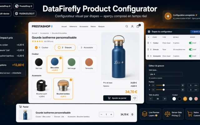 Configuratore di prodotto a step in PrestaShop con opzioni visive e anteprima prezzo in tempo reale