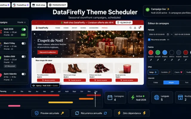 Planification d'une décoration saisonnière Noël et Black Friday sur une boutique PrestaShop