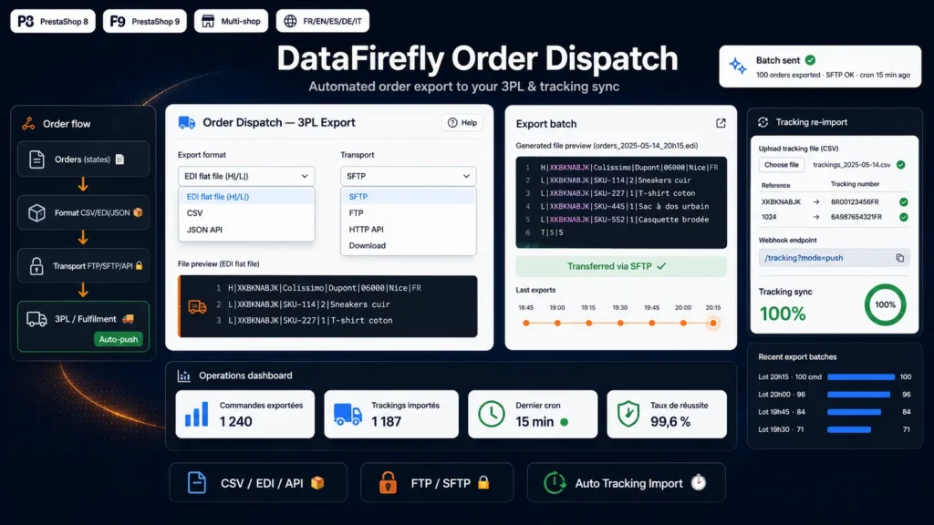 Export Commandes PrestaShop vers Logisticien / 3PL — CSV, EDI, API + Import Tracking
