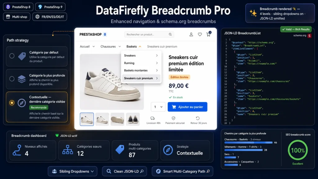 Fil d'Ariane PrestaShop avec menus déroulants et balisage JSON-LD